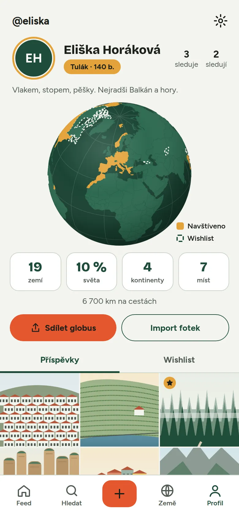 Tvůj globus: Každá země, kde jsi byl, se rozsvítí.